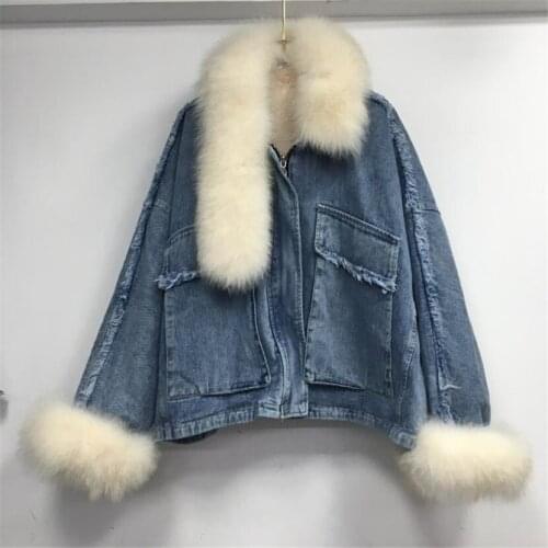 2020 Winter New Real Fox Fur Collar Denim Parker Coat Women Faux Rabbit Fur Liner Bat Sleeve Loose Short Jacket