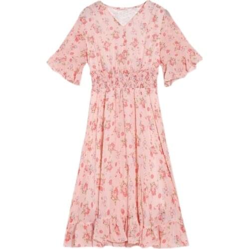 2021 New Summer Women V-Neck Short Sleeve Elastic Waist Slim Dress Korean Sweet Ruffles Hem Floral Chiffon Dress