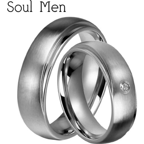 Soul Men 1 Pair Unique Design 6mm for Women & Men Titanium Steel Wedding Promised Ring Sets with CZ Stone Brushed Dome Finish