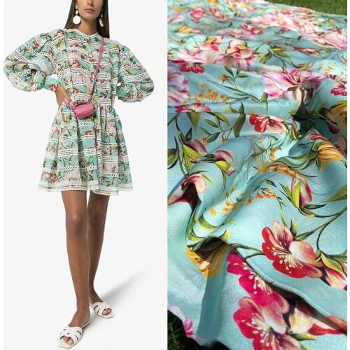 110cm wide brand 12mm silk crepe de chine Mulberry green flower silk haute couture skirt printed garment fabric