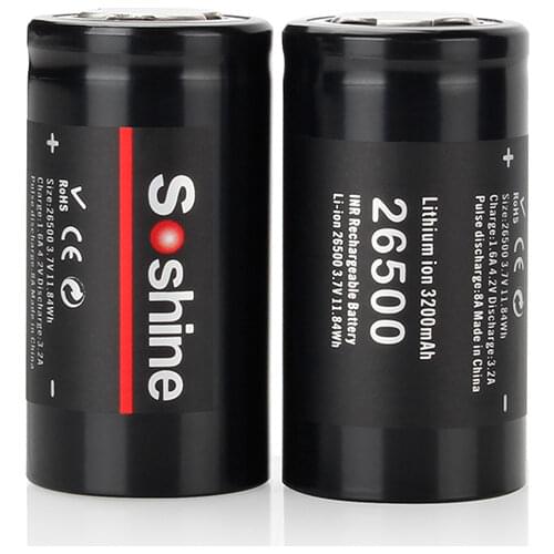 2pcs/lot original Soshine 3.7V 3200mAh 26500 Rechargeable battery Li-ion Batteries Cell hot sell