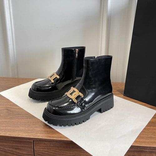 Martin Boots Womens Short Boots Metal Decoration Autumn Winter New British Style Ankle Boots Casual Thick-soled Woman Boots