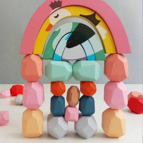 INS Nordic Style Childrens Wooden Colored Stone Jenga Building Block Educational Toy Stacking Game Wooden Toy Birthday Gifts