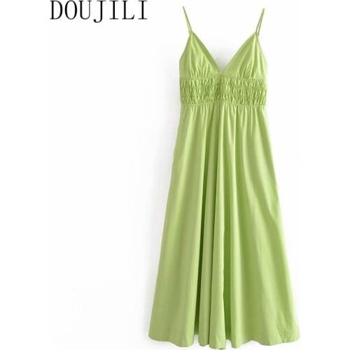 DOUJILI Women Green Dress Soft Cotton Sleeveless Backless 2021 Fashion Ladies Midi Dresses Causal Wearing