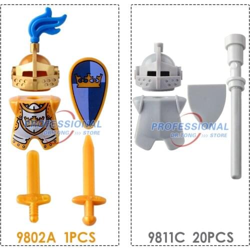 21PCS Medieval Castle Green Dragon Knight Petrified Knight with Weapons Action Figures Building Blocks Bricks Toys 9812 9813