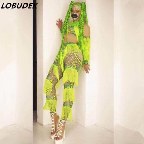 Fluorescent Green Tassel Stretch Spandex Print Jumpsuit Women Singer Dancer Stage Performance Fringe Leotard Sexy Dance Costume