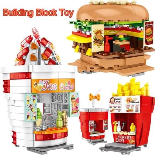City Street View Buildings Blocks Friends Hamburgers Ice Cream Shop Truck Food Store House Model Toys For Children Gift