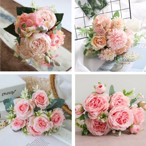 Pink Silk Peony Bouquet Home Decoration Accessories Wedding Party Scrapbook Fake Plants Diy Artificial Roses Flowers