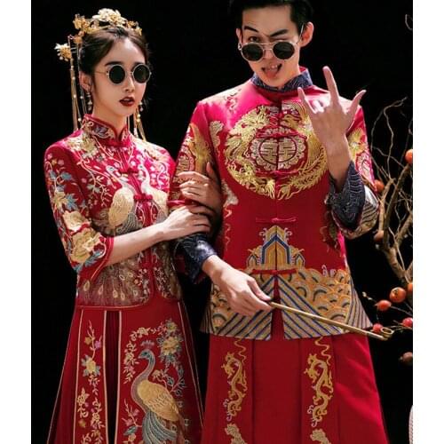 Oversize 4XL 5XL 6XL Bride Chinese Wedding Dress Retro Dress Chinese Cheongsam Dress Bride Groom Toast Clothing Long Section