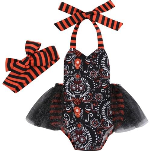 Halloween Newborn Baby Girls Romper Dress Headband Pattern Printed Lace Patchwork Sleeveless Belt Jumpsuits