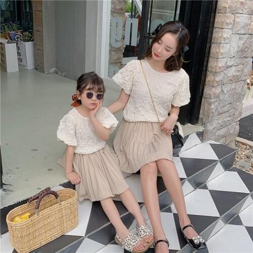 2021 Mother and Daughter Summer Parent-child Set Girls Round Neck Short Sleeve Solid Color Two-piece Suit Family Outfit Matching