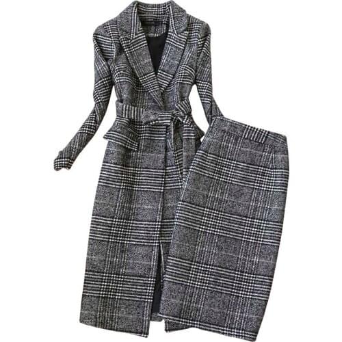 Plaid Suit Women Autumn Winter New Long Woolen Blazer & Skirt Set Temperament Tweed Trench Two Piece Set Plus Size Outfit f1834