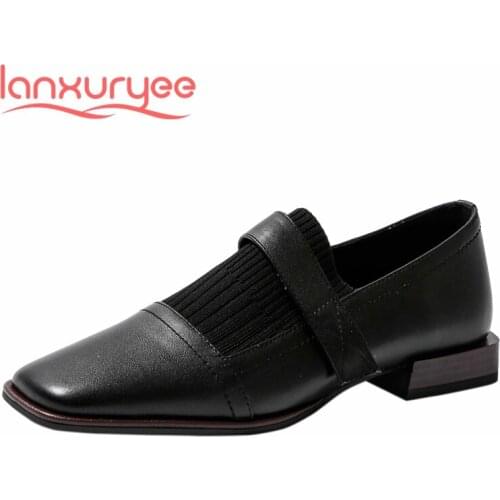 Lanxuryee large size concise style genuine leather knitting dress square toe low heel hook loop young lady cozy women pumps L5f1