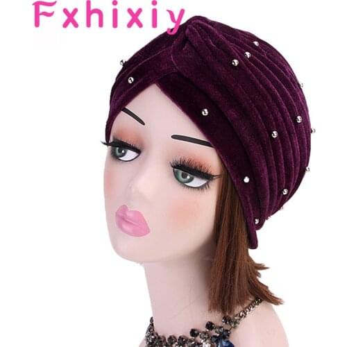 New Muslim Women Pearl Beading Velvet Turban Women Bonnet Twist Chemo Caps Beanie Headwear Party Hair Accessories Turbante