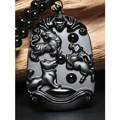 Obsidian hand-carved rat cow tiger rabbit Chinese dragon snake horse sheep monkey chicken dog pig animal amulet necklace pendant