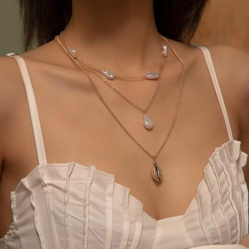 2021 Baroque Imitation Pearl Chain Choker Necklaces Multi Layered Metal Shell Cowrie Pendant Necklaces for Women Jewelry Gifts