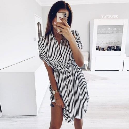 40#Stripe Shirt Dress Womens Drawstring Bandage Short Sleeve Print Dresses Lapel Turn-down Collar Elegant Vintage Dress платье