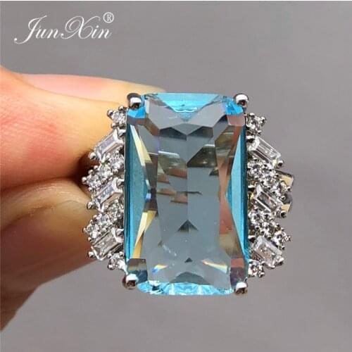 Luxury Female Big Water Blue Stone Ring Cute Silver Color Crystal Zircon Ring Promise Engagement Rings For Women
