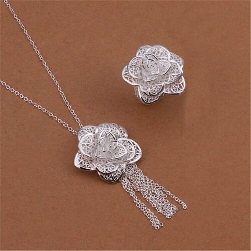 Explosion 925 sterling Silver Jewelry set for women fine flower Pendant necklace rings Fashion Party wedding girl Christmas Gift