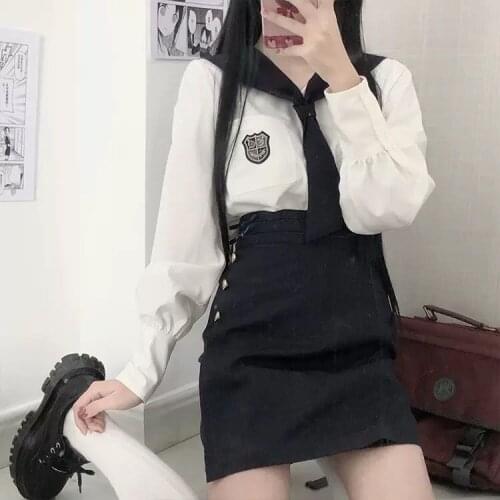 Japanese preppy style dark skirt female streetwear Harajuku sweet casual high waist A-line skirt vintage solid color suit skirt