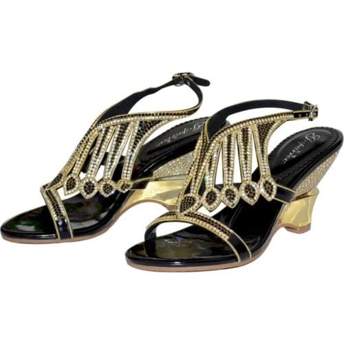 2019 New Fashion Bohemian Black Rhinestone Wedge Sandals Womens Personality Tassel Pattern High Heels Wedges Evening Shoes 8CM