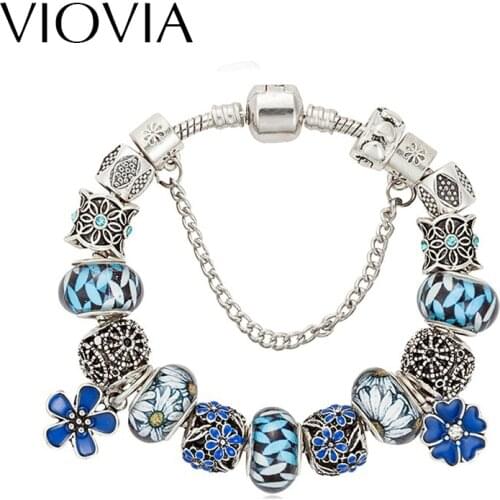 VIOVIA 2019 Fashion Flower Charm Class Bracelets & Bangles Blue Beads Bracelets For Women Pulsera Famous Brand Jewellery B16011