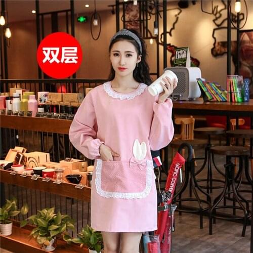 Womens overalls long-sleeved apron waterproof and oil-resistant cute home Korean fashion kitchen coat double layer overalls