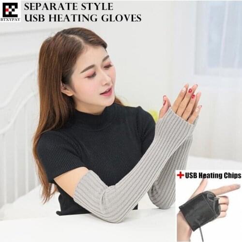 Winter Warm Women&Girls Separate Style USB Heating Gloves,Fashion Wild Hand Back Heated Knitted Striped Fingerless Long Gloves