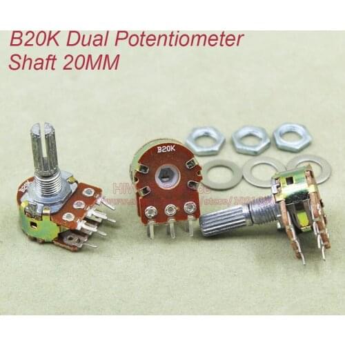 10pcs/lot) B20K 20K OHM 20KOhm WH148 Linear Dual Rotary Potentiometer Pots Shaft 20MM With Nuts And Shim