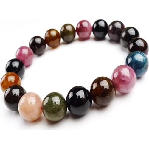 12mm Genuine Natural Tourmaline Gems Stone Stretch Bracelets For Women Femme Stretch Charm Colorful Round Crystal Bead Bracelet