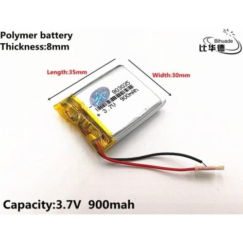 2pcs/lot Good Qulity 3.7V,900mAH,803035 Polymer lithium ion / Li-ion battery for TOY,POWER BANK,GPS,mp3,mp4