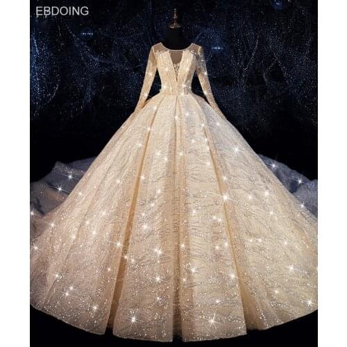 EBDOING Luxurious sequins Ball Gown Wedding Dress O Neckline Vestidos De Novia Plus Size Bride Dress Prom Wedding Gown