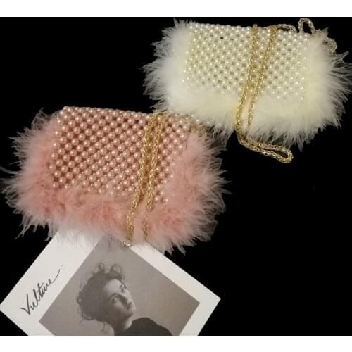 Factory Price Winter Latest Design Handmade Envelope Shaped Pearl Beaded Handbag Women Should bag with Fur