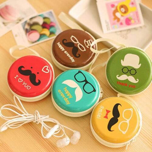 Earphone Case Cute Cartoon Tinplate Mini Beard Round Double Head Zipper Coin Key Earphone Candy Boxes
