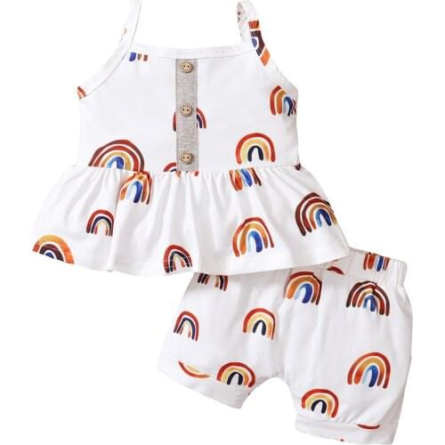 Child Baby Pattern 2 Pieces Kids Suit Set, Rainbow Print U-Neck Sleeveless Pullover+ High Waist Shorts for Girls, 0-18 Months