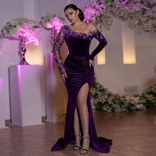 Purple Elegant Moroccan Caftan Evening Dress Off-The-Shoulder Floor Length High Split Applique Flower Prom Dress Custom Made