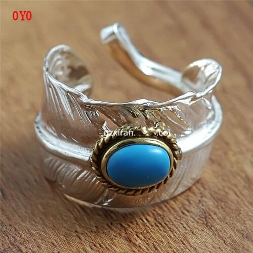 2021 new handmade mens womens free-size turquoise 925 sterling silver open feather ring