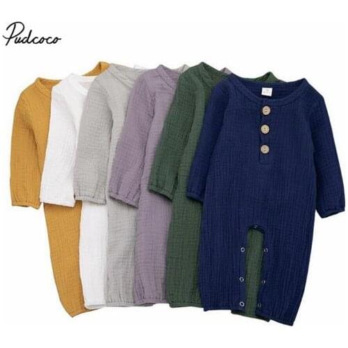 Pudcoco Newborn Baby Boy Girl Solid Button Romper Jumpsuit Long Sleeve Baby Rompers Clothes 0-24M