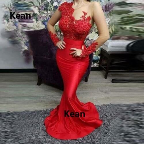Red Mermaid See Through Evening Dress Illusion Special Occasion Party Islamic Dubai Kaftan Saudi Arabic Evening Prom Dress