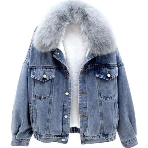 2021 Winter New Korean Short Denim Plus Cotton Jacket Blue Gray Big Fur Collar Plus Velvet Thick Warm Cotton Jacket Denim Jacket