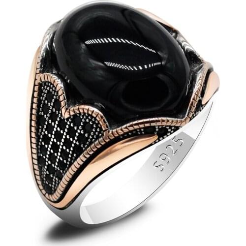 Rose Gold Vintage Mens Ring With Agate Stone 925 Sterling Silver Black Natural Gemstone Ladies Exquisite Jewelry Christmas Gift