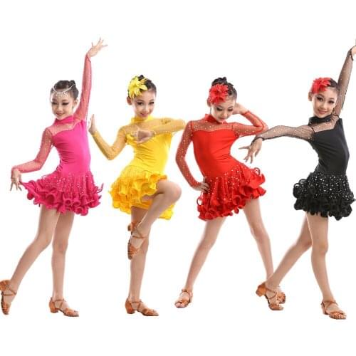 Newest Sexy Lace Long Sleeve Sequin Girls Kids Ballroom Dresses Skinny Tango Salsa Tutu Latin Dance Dress Children S-3XL