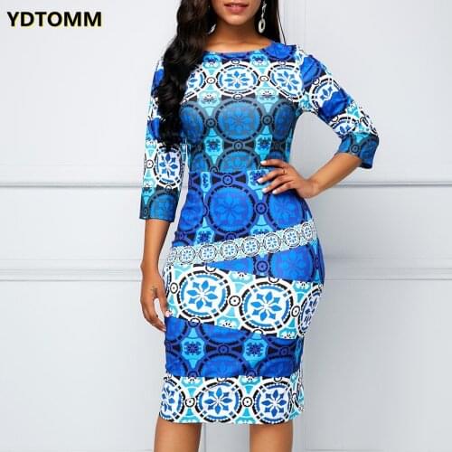 Dress Women Casual Plus Size Slim Primitive Tribe Print Office Bodycon Dresses Elegant Sexy Long Party Dress New Arrival 2021