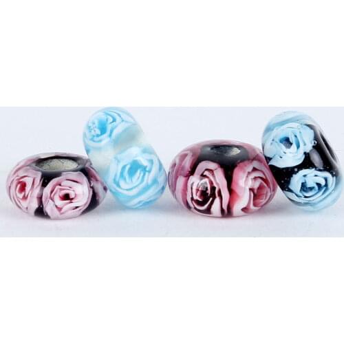 3pcs 8x15mm Flat Round Murano Glass Beads Inlay Rose Flowers Handmade Lampwork Glass Spacer Beads for Jewelry Making Wholesale