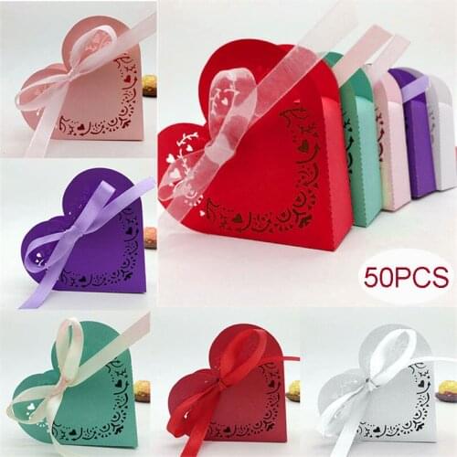 50Pcs Heart Design Luxury Lase Cut Wedding Sweets Candy Gift Favour Boxes with Ribbon Table Decorations 5zsh152