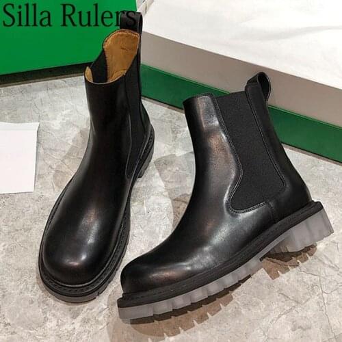 Runway Transparent Sole Ankle Boots Women Genuine Leather Round Toe Chelsea Boots Woman Slip On Elastic Motorcycle Boots Woman