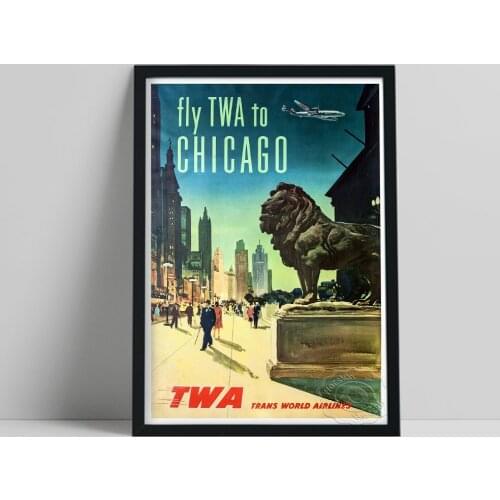 World Travel Print Poster, Airline Fly To Chicago Canvas Painting, Vintage Art Chicago Streetscape Wall Picture Home Decor Gift