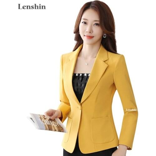 Lenshin Straight and Smooth Blazer Two Big Pocket Jacket Office Lady Yellow Coat Business Formal Wear