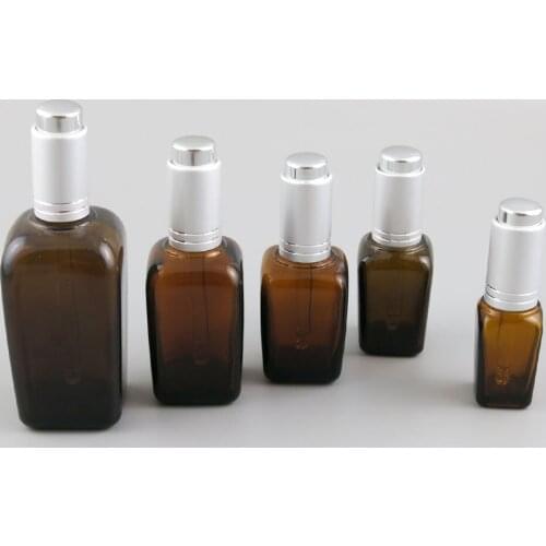 10/25//35/50/100 ML Empty Amber Square Glass Dropper Bottles With Aluminum Silver Lids Aromatherapy Essential Oils Bottle 20PCS
