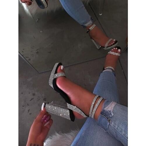 Luxury Silver Crystal Chunky Heel Sandals Black Red Suede Gladiator Dress Shoes Rhinestone Ankle Strap Square Heels Party Shoes